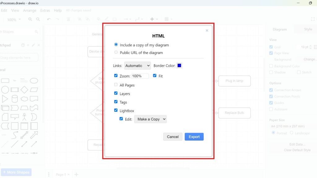 Draw.io export dialog titled “HTML” with options like “Include a copy of my diagram,” “Zoom 100%,” and “Export.”