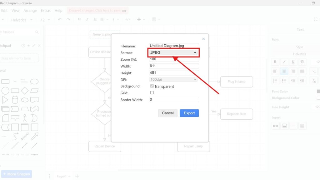 Draw.io image export dialog where the “Format: JPEG” dropdown is highlighted with a red box and arrow.