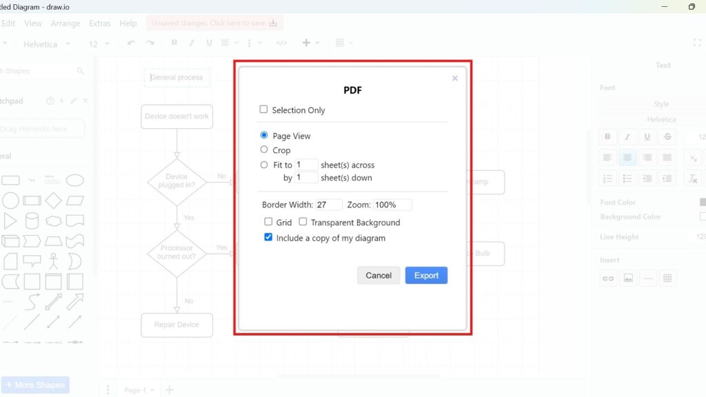 Draw.io export dialog titled “PDF” with settings (Page View/Crop/Fit to) and a blue “Export” button.
