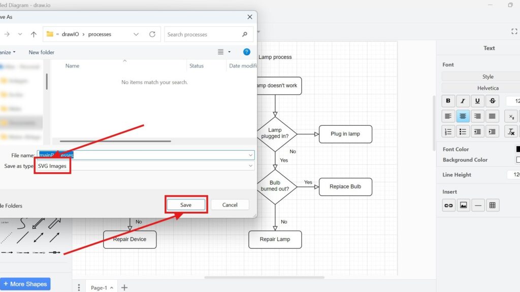 Windows “Save As” dialog showing “Save as type: SVG Images” and a highlighted “Save” button with red arrows.