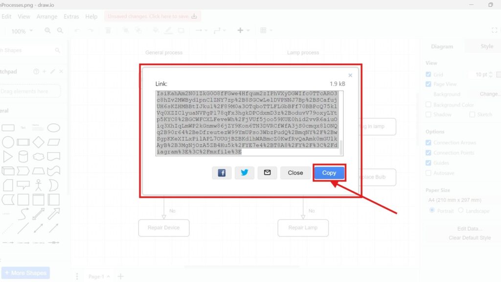 Draw.io link export dialog showing a long “Link:” text box and a blue “Copy” button highlighted by a red arrow.