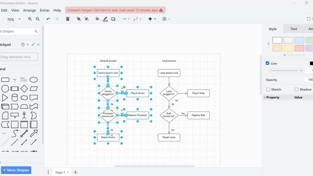 Draw.io editor canvas showing two flowchart-like diagrams, with elements on the left diagram selected (blue handles).