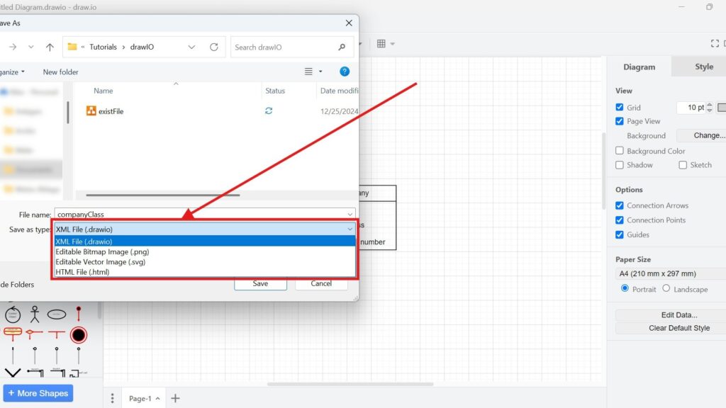 Windows “Save As” dialog with the “Save as type” dropdown open, showing options including “XML File (.drawio)” and others.