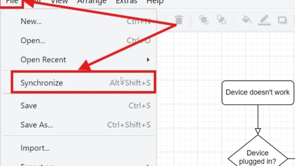 File menu dropdown with “Synchronize” highlighted (Alt+Shift+S), shown with red arrows and a red outline.