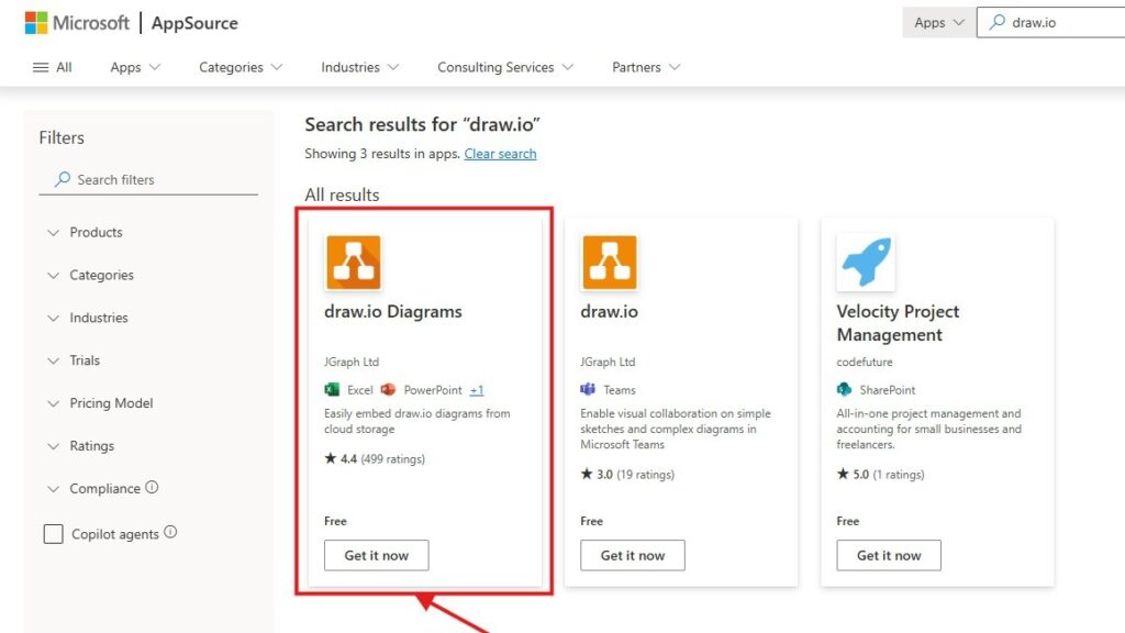 Microsoft AppSource search results for “draw.io” with the “draw.io Diagrams” listing highlighted by a red rectangle and arrow.