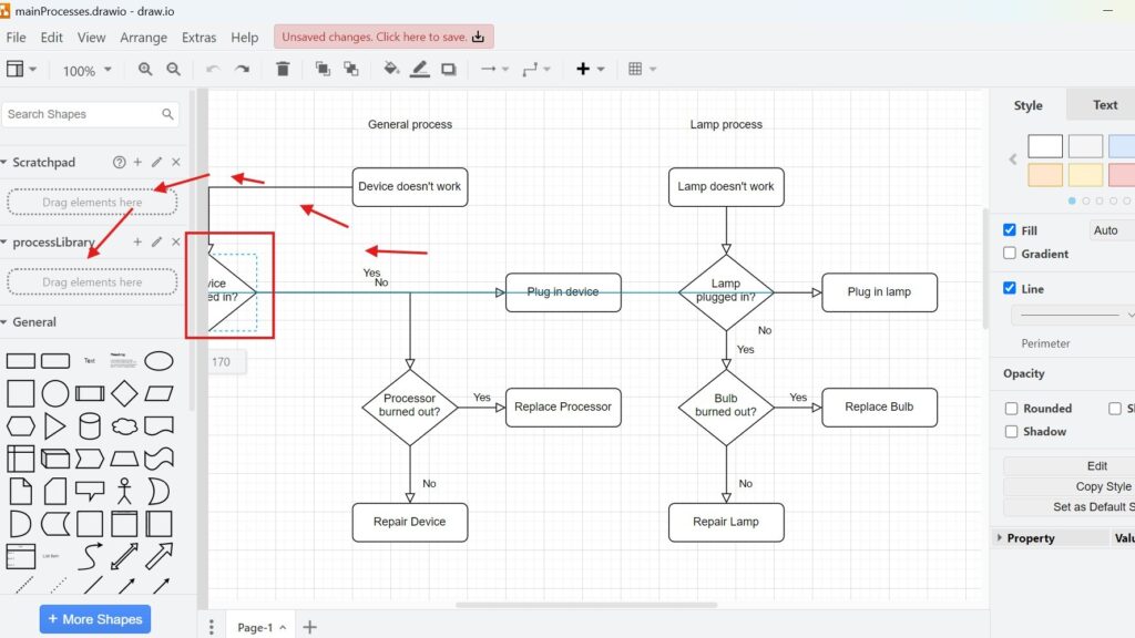 draw.io editor with multiple red arrows pointing to “Drag elements here” areas in the left sidebar and a small highlighted region on the canvas.