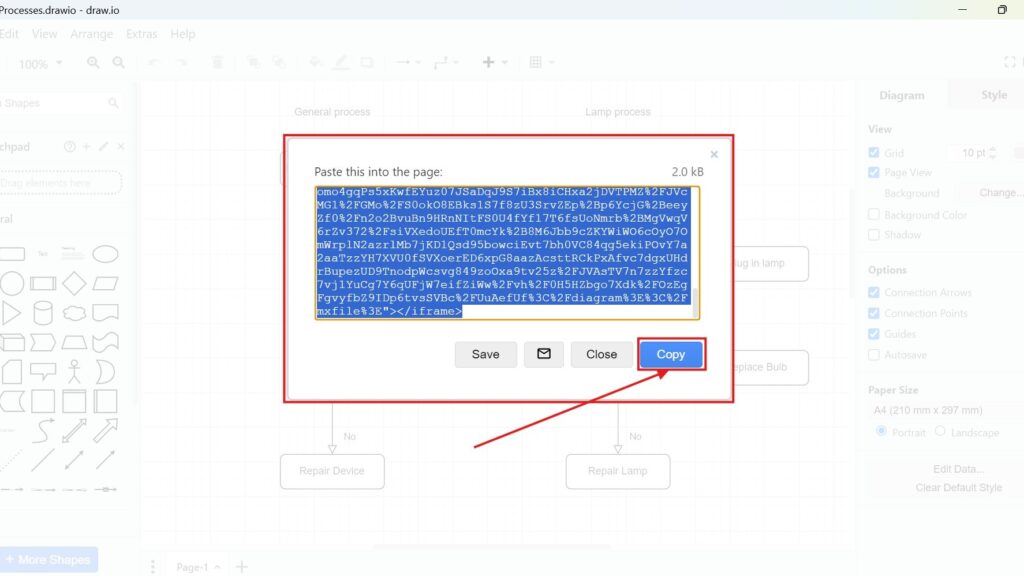 draw.io dialog with iframe embed code selected and Copy button highlighted in red.