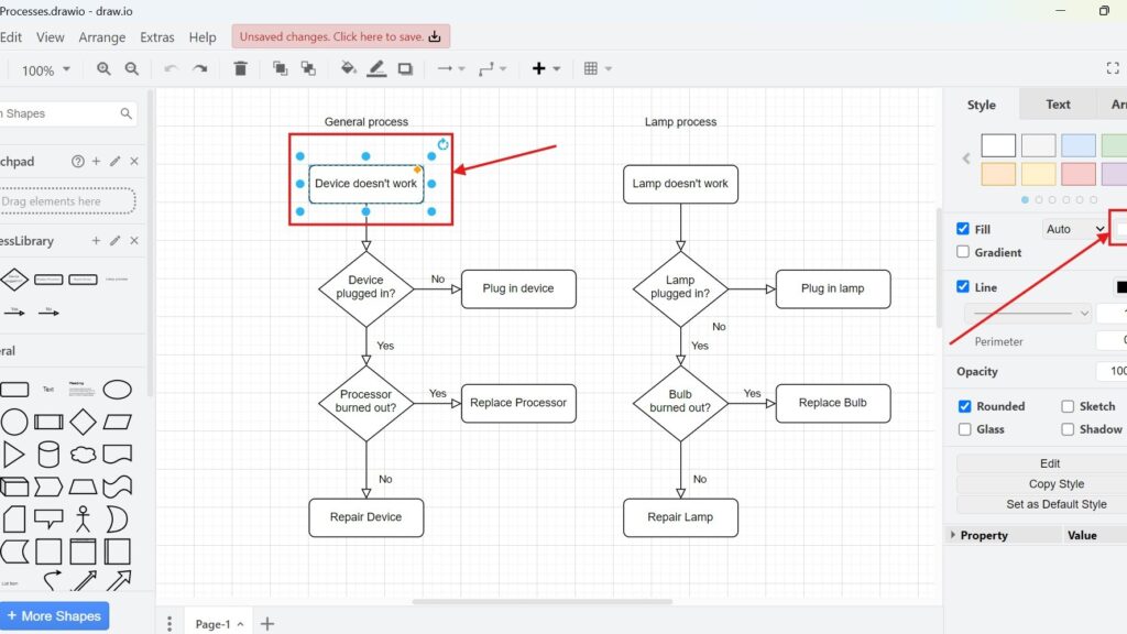 draw.io flowchart with “Device doesn’t work” selected and a red arrow pointing toward the style panel’s Fill option.