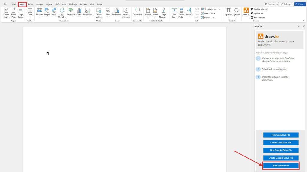Microsoft Word window with Insert tab highlighted and a draw.io add-in pane showing “Pick Device File” button highlighted.