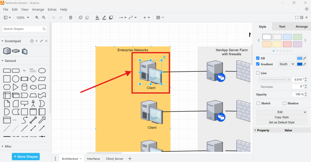 draw.io diagram with a client computer element selected before rotation.