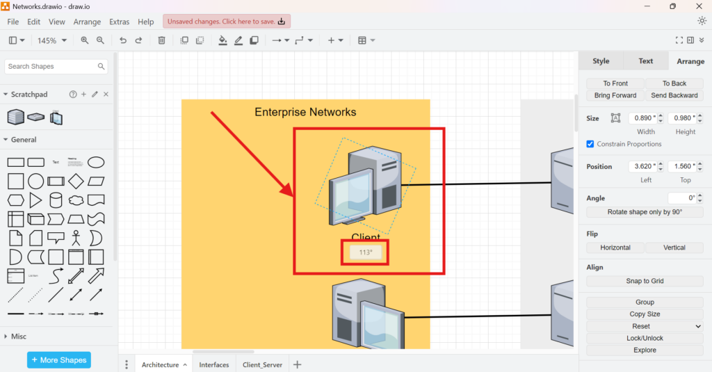 draw.io selected client computer element being rotated manually, with an angle indicator showing 113 degrees.