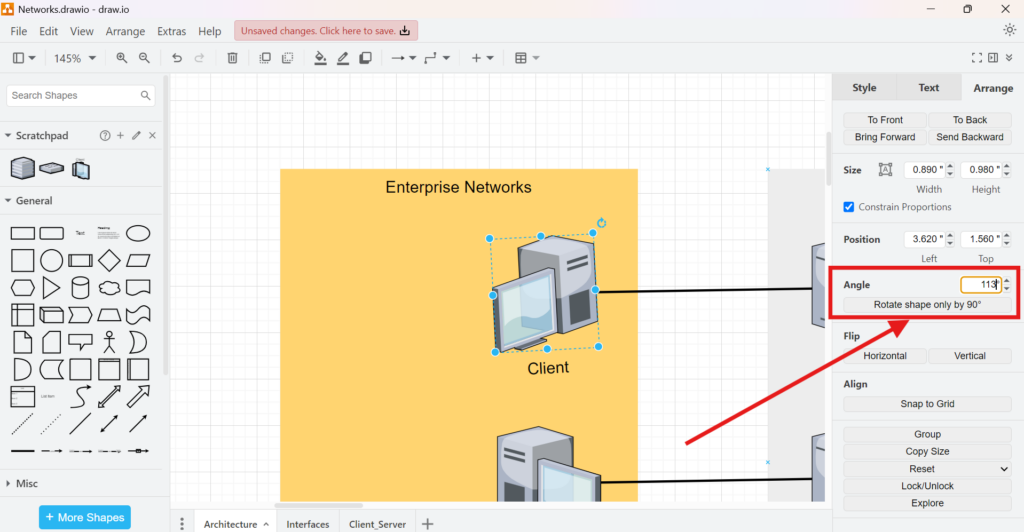 draw.io Arrange sidebar with the Angle field highlighted and set to 113 degrees.