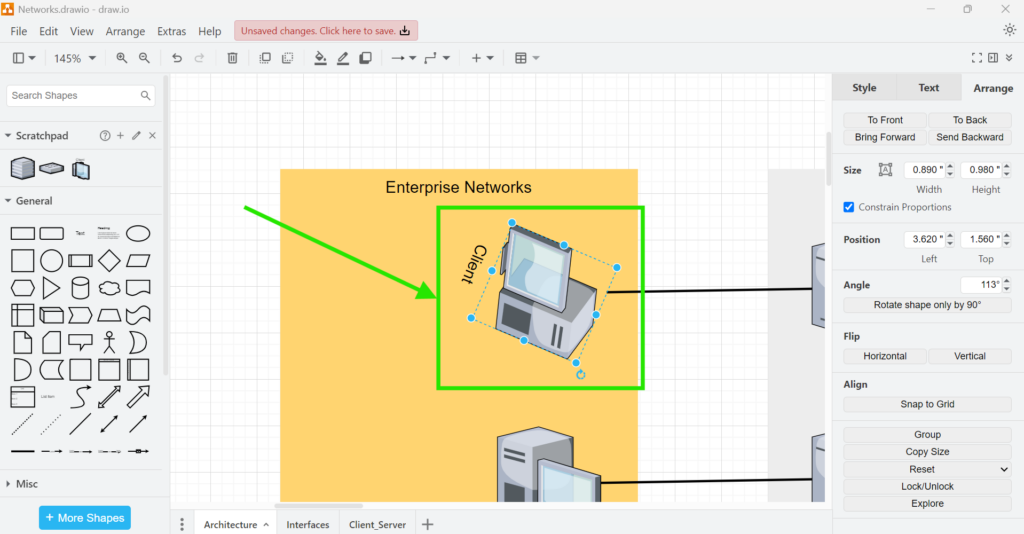 draw.io diagram showing the client computer element rotated to a diagonal angle.