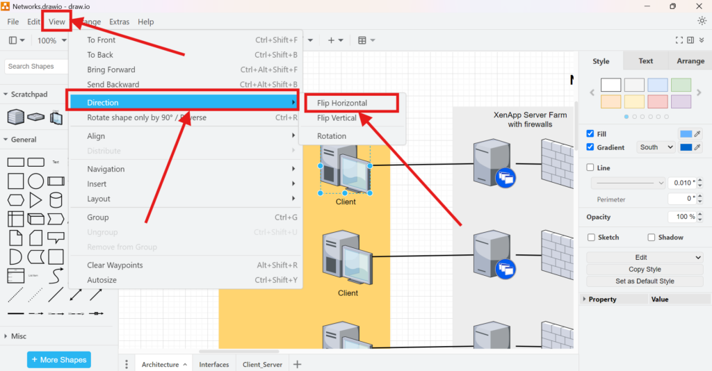 draw.io Arrange menu showing Direction and the Flip Horizontal option for the selected element.