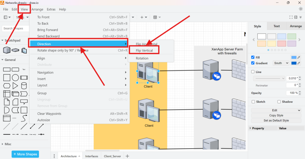 draw.io Arrange menu showing Direction and the Flip Vertical command.