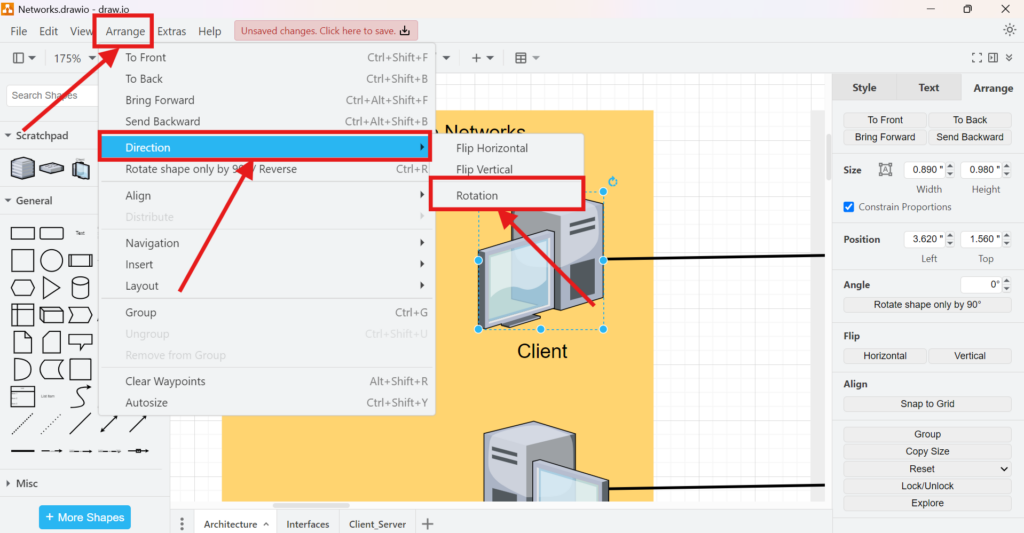 draw.io Arrange menu showing Direction and the Rotation option.