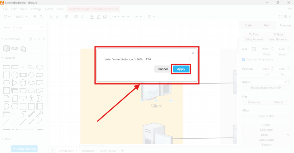 draw.io rotation dialog with a value of 113 degrees and the Apply button highlighted.