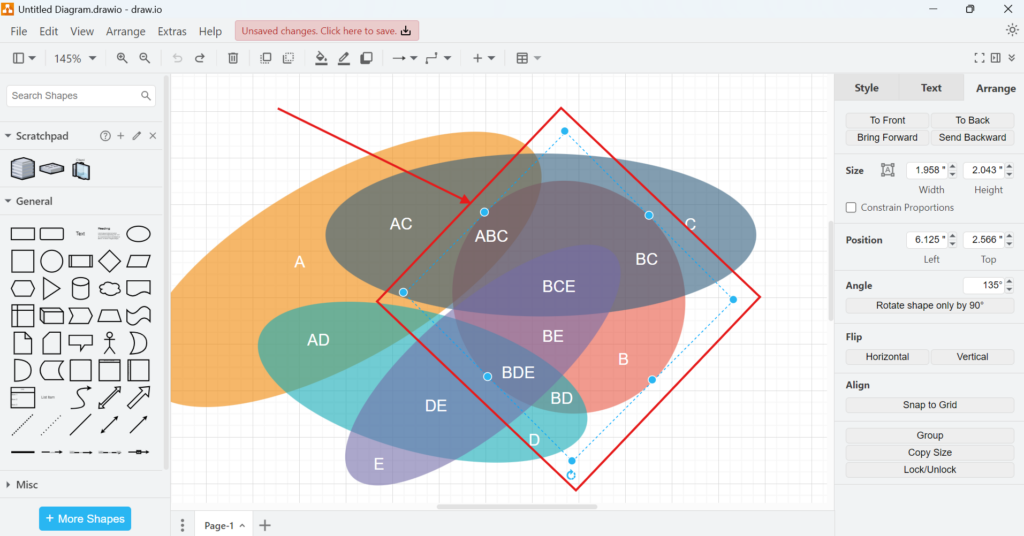 draw.io Venn diagram with the red circle selected before moving it forward or backward.