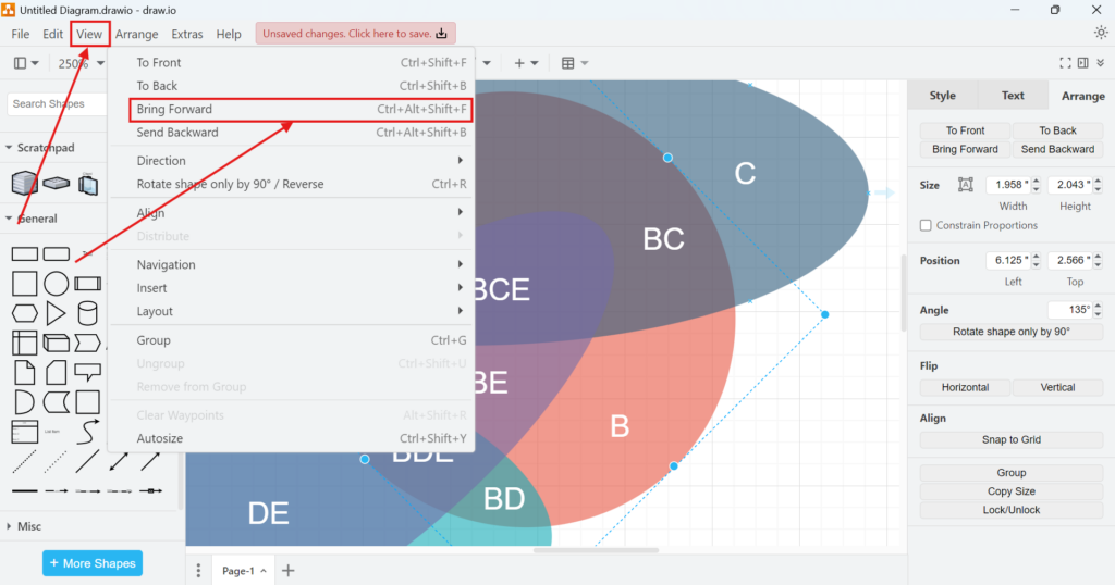 draw.io View menu with the Bring Forward command highlighted for a selected Venn diagram shape.