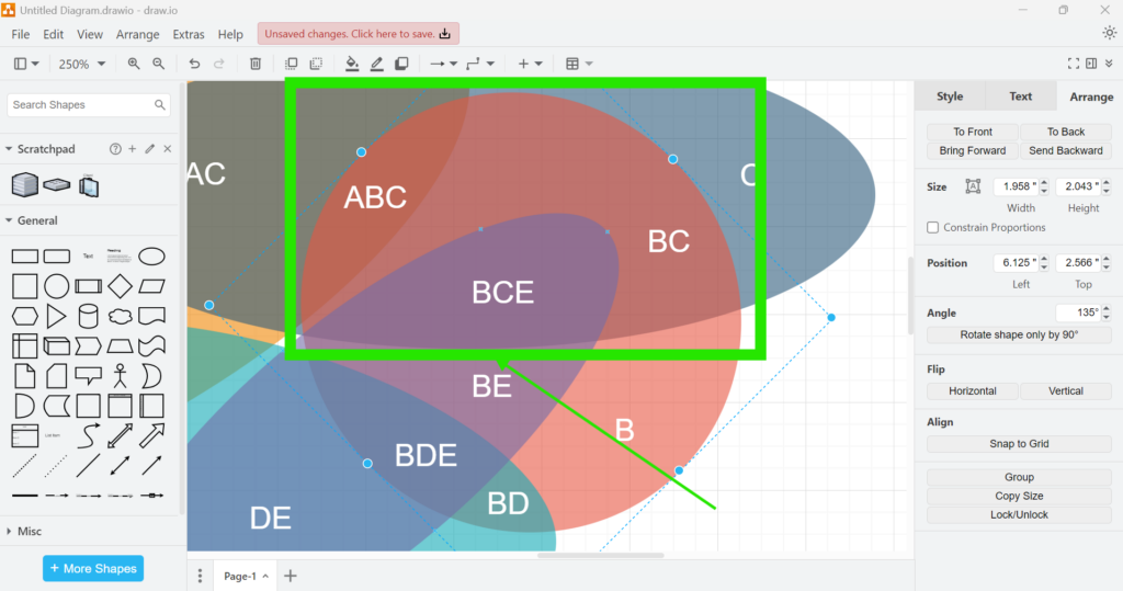 draw.io Venn diagram showing the red circle after it has moved one layer forward in the stacking order.