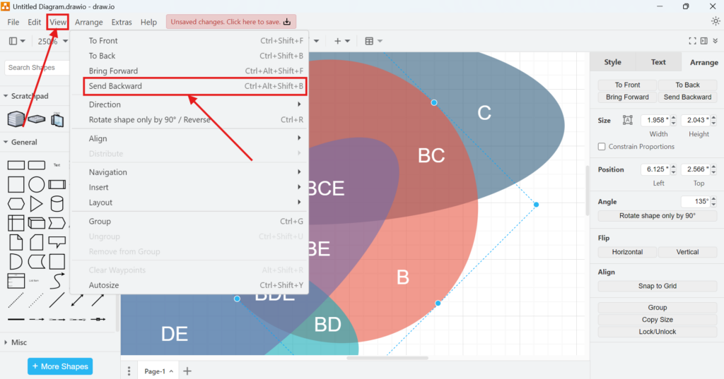 draw.io View menu with the Send Backward command highlighted for a selected Venn diagram shape.