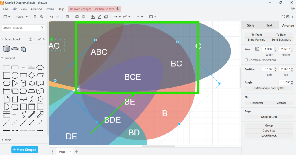 draw.io Venn diagram showing the red circle after it has moved one layer backward in the stacking order.