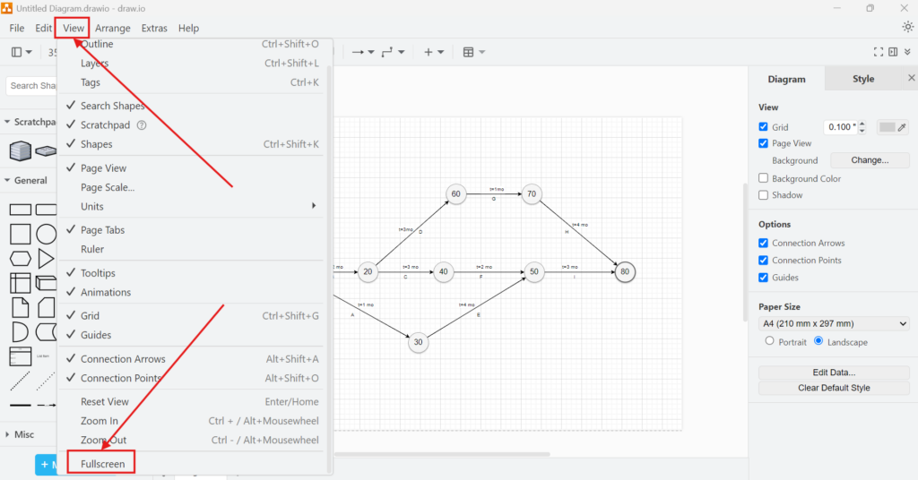 draw.io View menu highlighting “Fullscreen”.