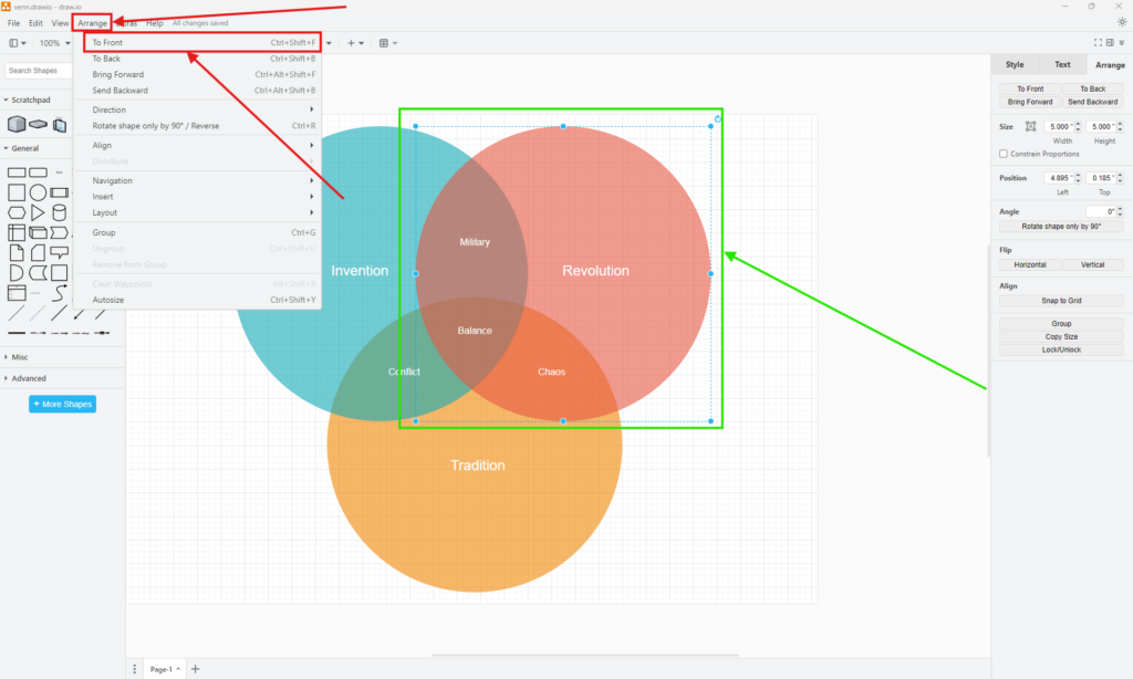 draw.io Arrange menu with To Front highlighted while an overlapping circle in a Venn diagram is selected.