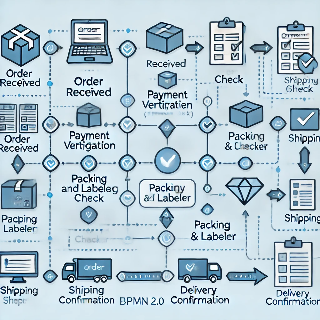 A diagram illustrating the online order processing flow. It includes steps like order receipt, payment verification, packing, shipping, and delivery confirmation.