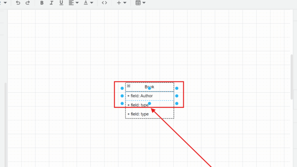 Selected “Book” box showing lines like “+ field: Author” and “+ field: type,” highlighted by a red frame and arrow.