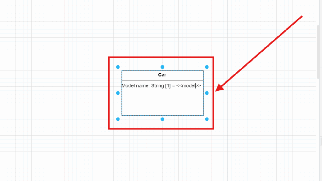 Selected box titled “Car” with attribute text, framed in red with a red arrow pointing at it.