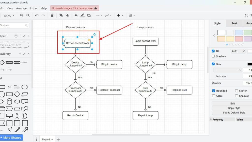 draw.io editor showing two flowcharts; the “Device doesn’t work” box is selected and outlined in red with a red arrow pointing at it.