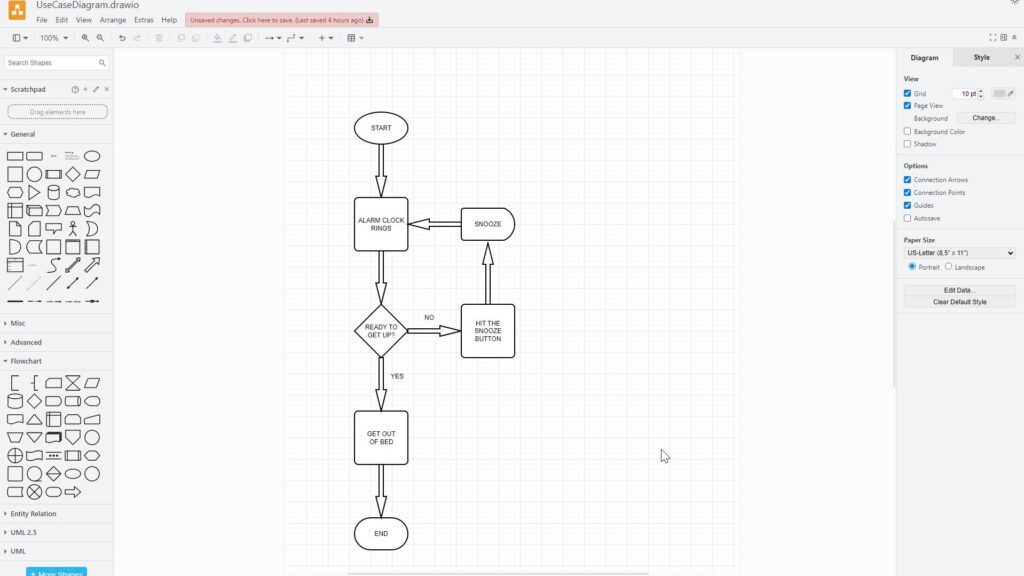 draw.io editor showing an alarm clock flowchart with shapes panel on the left and style options on the right.