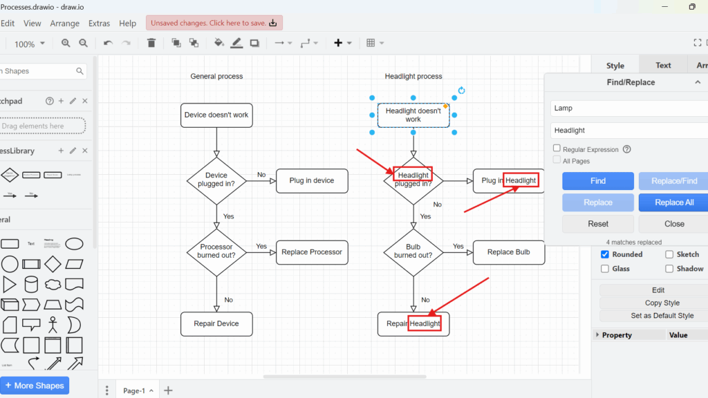 draw.io screenshot with the Find/Replace panel open; “Headlight” is highlighted in several shapes with red boxes and arrows, and “Replace All” is visible.