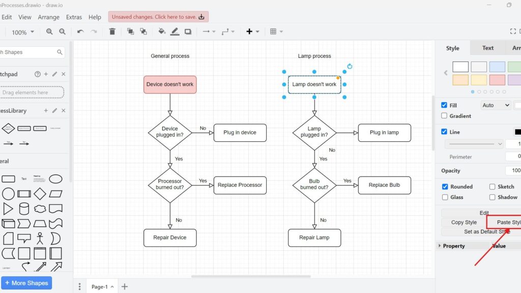 draw.io editor screenshot with two flowcharts (“General process” and “Lamp process”); “Lamp doesn’t work” is selected and “Paste Style” is pointed to by a red arrow.