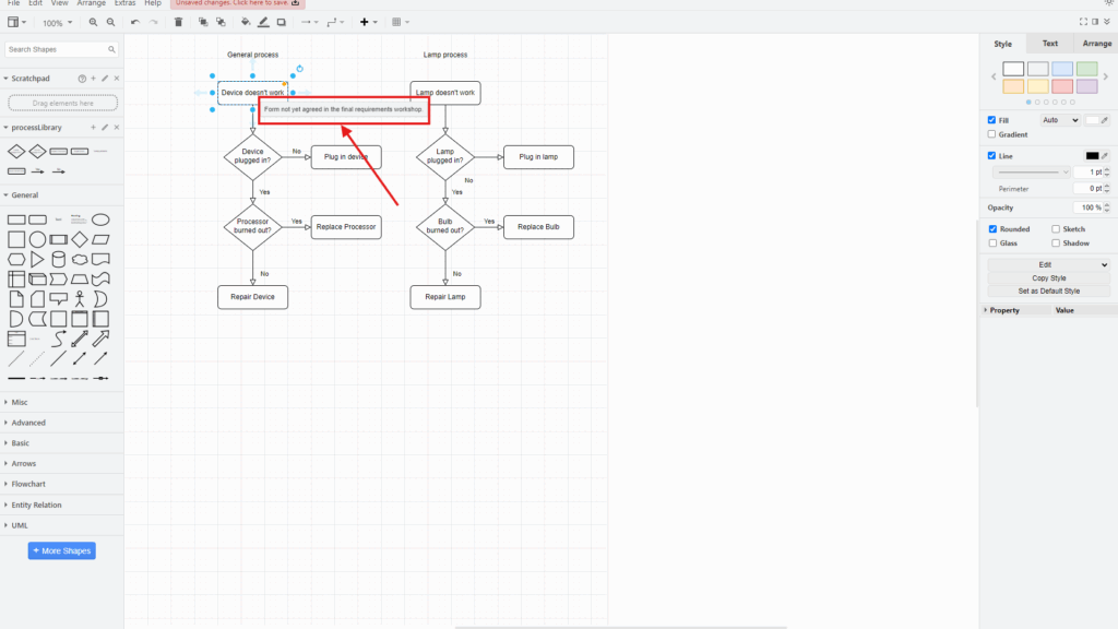 draw.io canvas with a red-highlighted tooltip/message box above a flowchart (text not fully readable in this view).