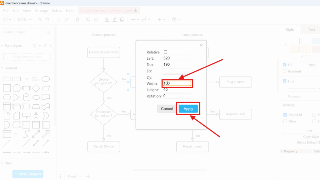 Draw.io geometry dialog showing fields for Left/Top and size, with “Width: 100” highlighted and the “Apply” button highlighted.