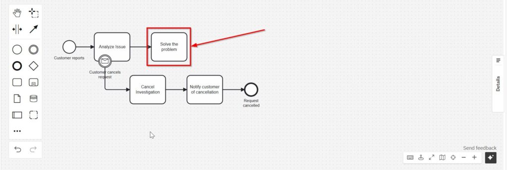 BPMN diagram showing the normal support path continuing from “Analyze issue” to “Solve the problem.”
