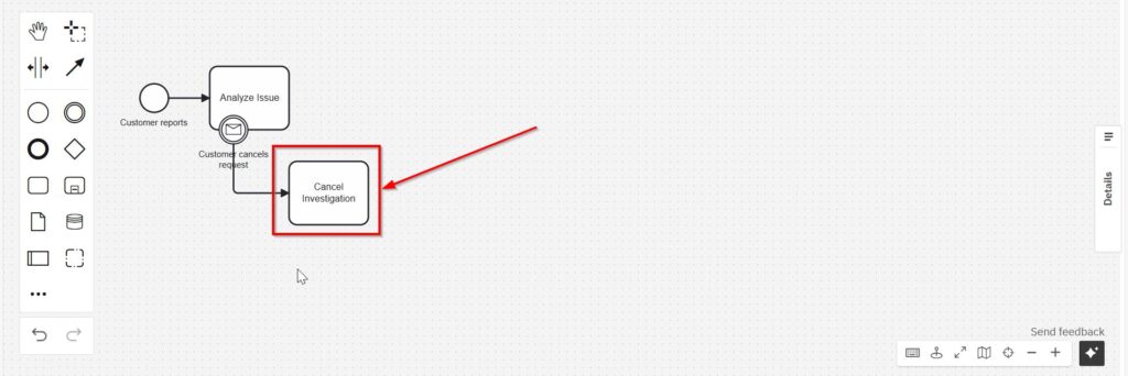 BPMN diagram showing the message boundary event leading from “Analyze issue” to “Cancel investigation.”