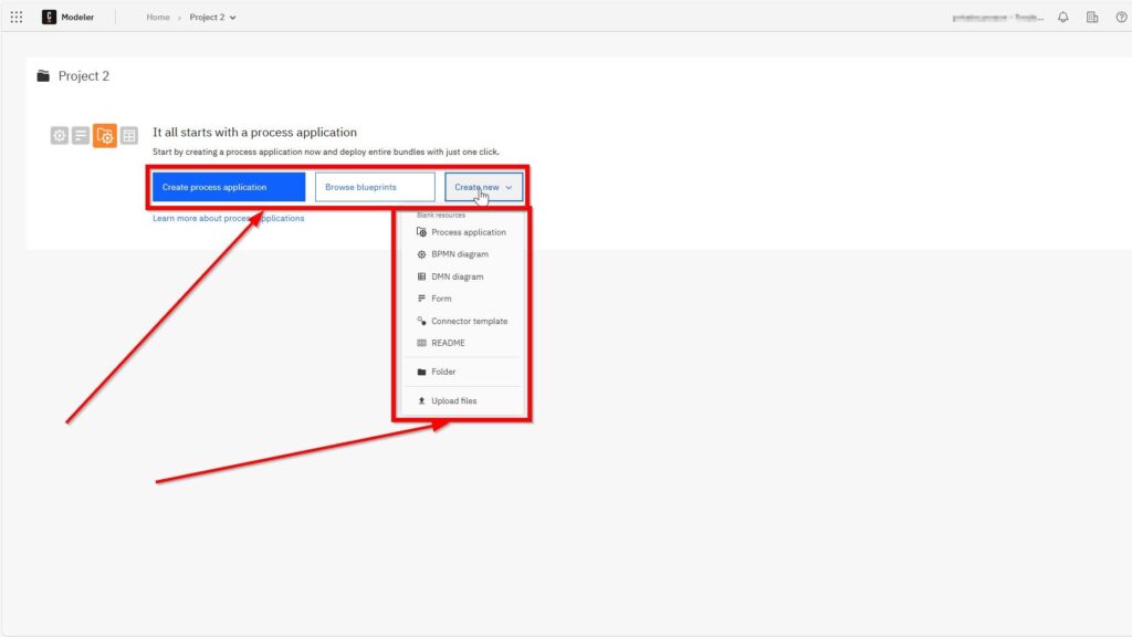 Camunda Modeler “Project 2” page with buttons “Create process application,” “Browse blueprints,” and “Create new” (dropdown open) showing “Blank resources” options like Process application, BPMN diagram, DMN diagram, Form, Connector template, and README.