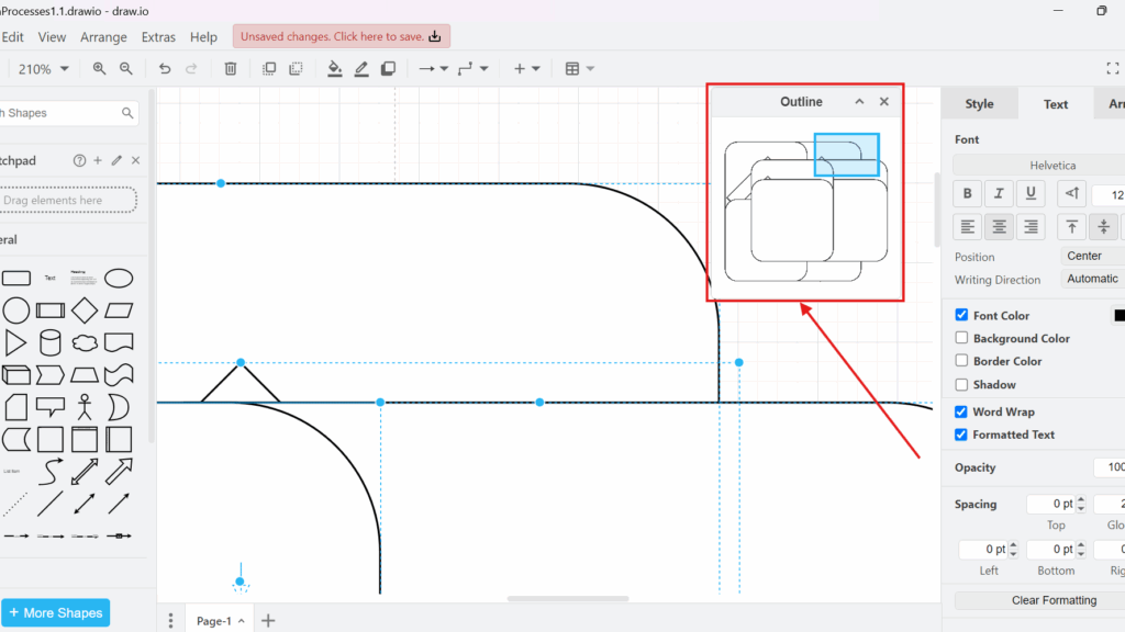 Draw.io editor zoomed in with the floating “Outline” mini-map panel highlighted on the right.
