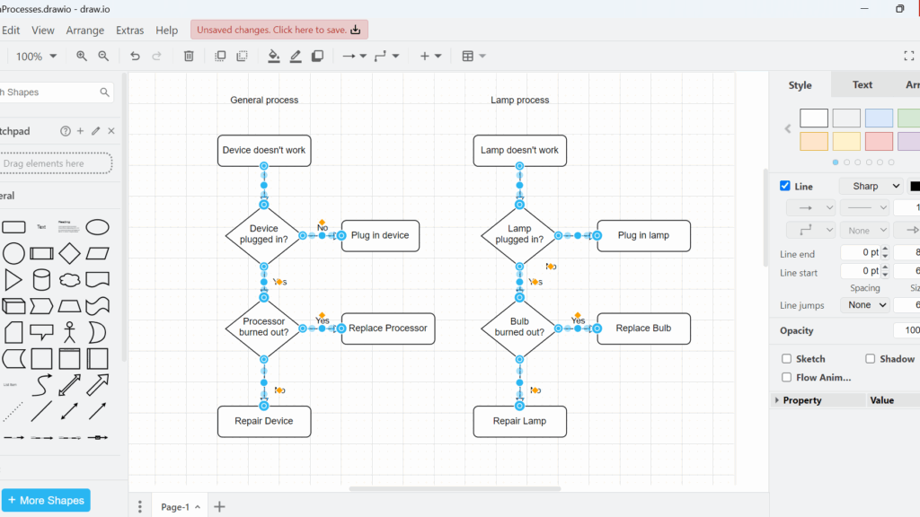 Draw.io canvas showing two labeled flow diagrams (“General process” and “Lamp process”) with connectors and points highlighted in blue.