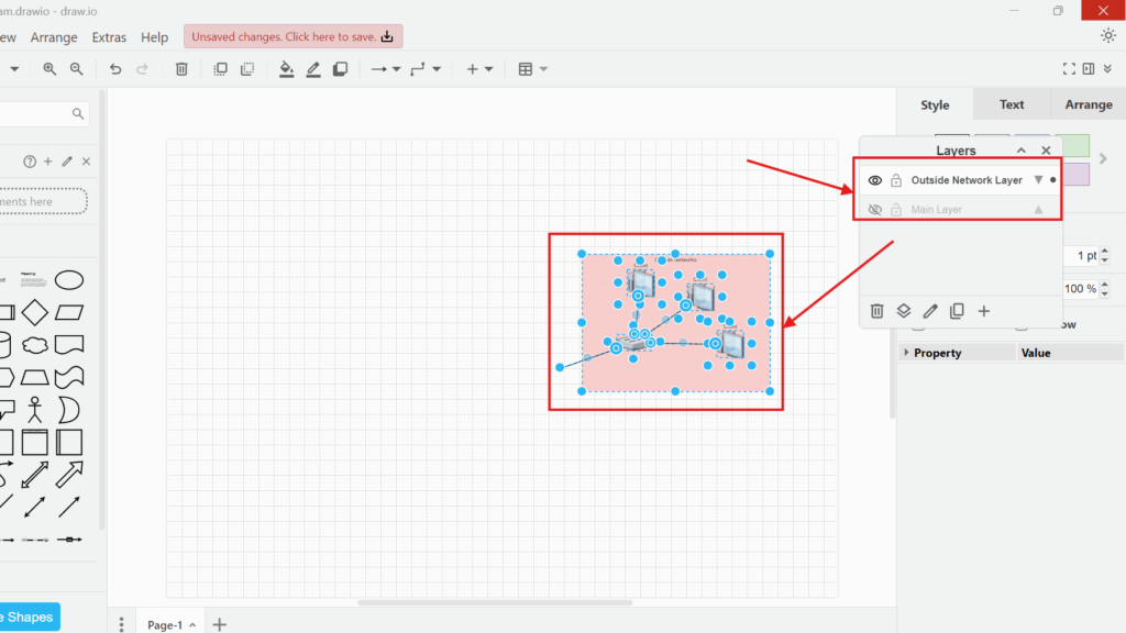 Draw.io canvas with a selected group of elements and the Layers panel showing “Outside Network Layer” and “Main Layer.”
