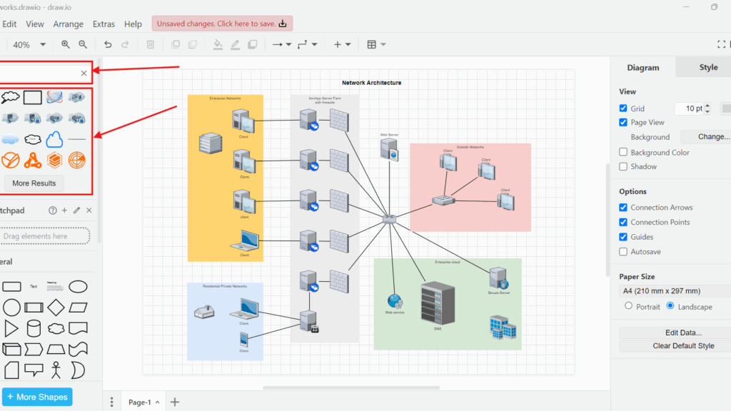 Draw.io Shapes search results panel highlighted on the left, showing icon thumbnails and a “More Results” button.