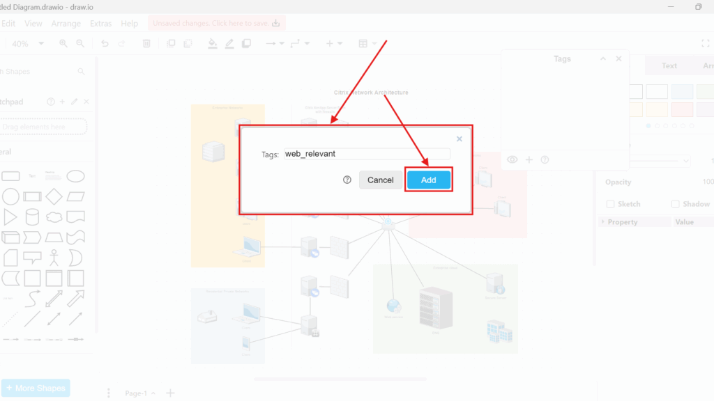 Draw.io “Tags” dialog with the tag value “web_relevant” and the “Add” button highlighted.