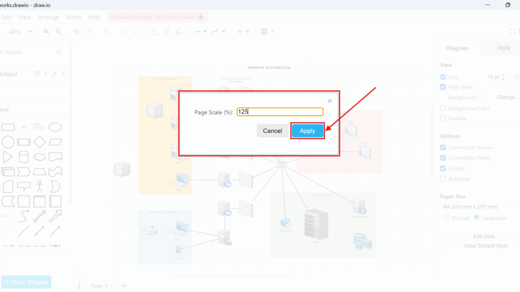 Draw.io “Page Scale (%)” dialog showing value “125” and an “Apply” button highlighted.