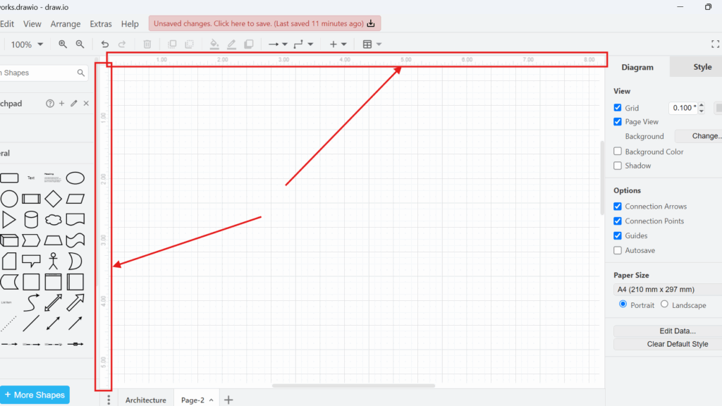 Draw.io editor with the bottom page tab bar highlighted, showing a tab labeled “Architecture.”