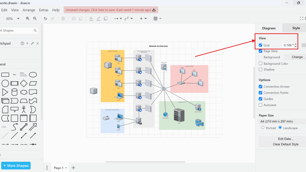 Draw.io right sidebar “Diagram” settings with “Grid” and “Page View” checked and the Grid value field visible.