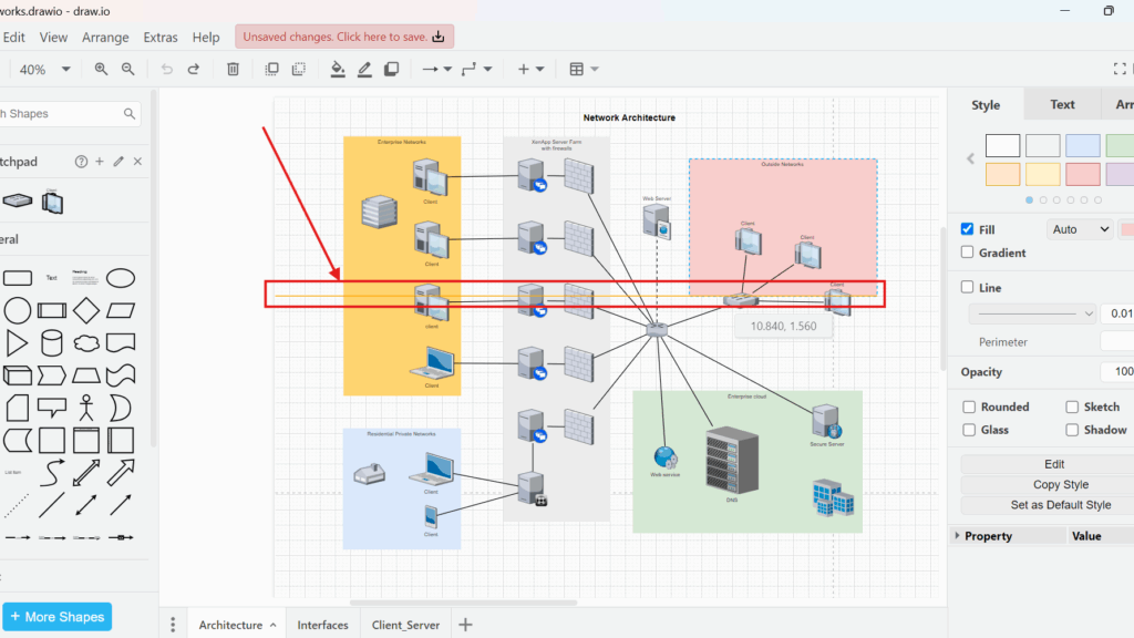 draw.io screenshot of a “Network Architecture” diagram with a long horizontal area outlined in red and a red arrow pointing toward it.