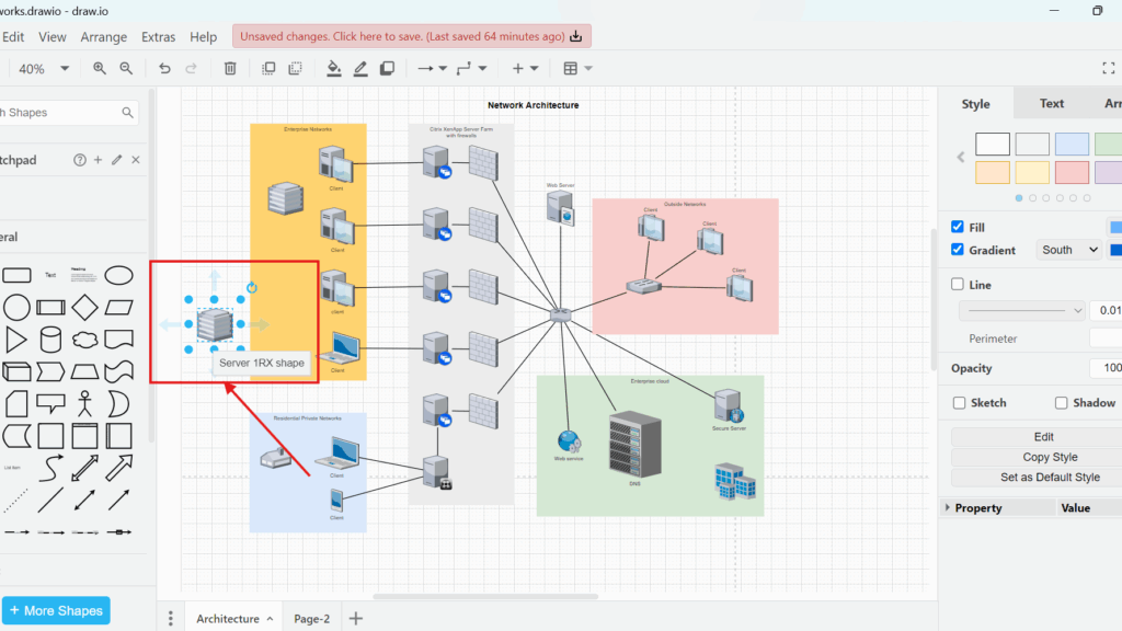 Draw.io canvas with a selected server icon showing a tooltip label reading “Server 1RX shape.”